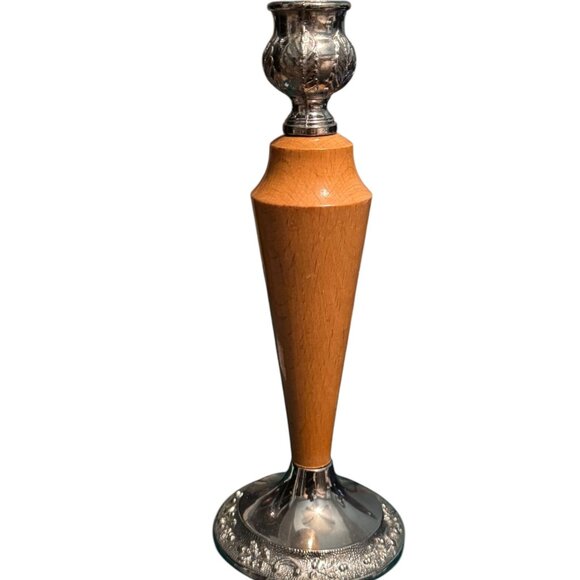 Pair Of Vintage English Silver Plate & Wood 8" Tall Candle Holders - Picture 3 of 9